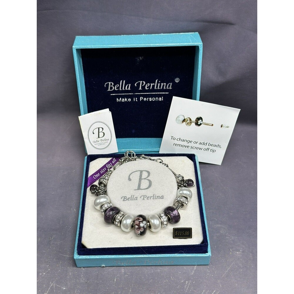 Bella Perlina Charm Bracelet Shades Of Purple / Silver Color One Size Adjustable